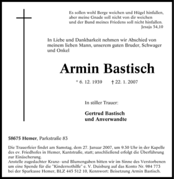 Traueranzeige von Armin Bastisch von Tageszeitung