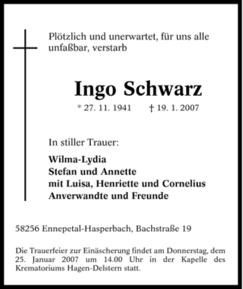 Traueranzeige von Ingo Schwarz von Tageszeitung