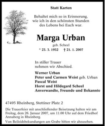 Traueranzeige von Marga Urban von Tageszeitung