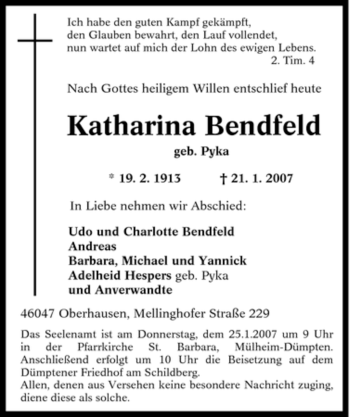 Traueranzeige von Katharina Bendfeld von Tageszeitung