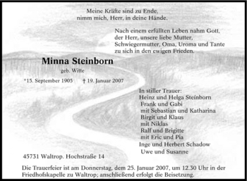 Traueranzeige von Minna Steinborn von Tageszeitung