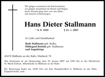 Traueranzeige von Hans Dieter Stallmann von Tageszeitung
