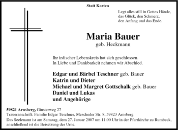 Traueranzeige von Maria Bauer von Tageszeitung