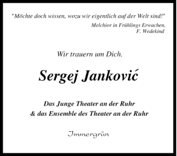 Traueranzeige von Sergej Jankovic von Tageszeitung