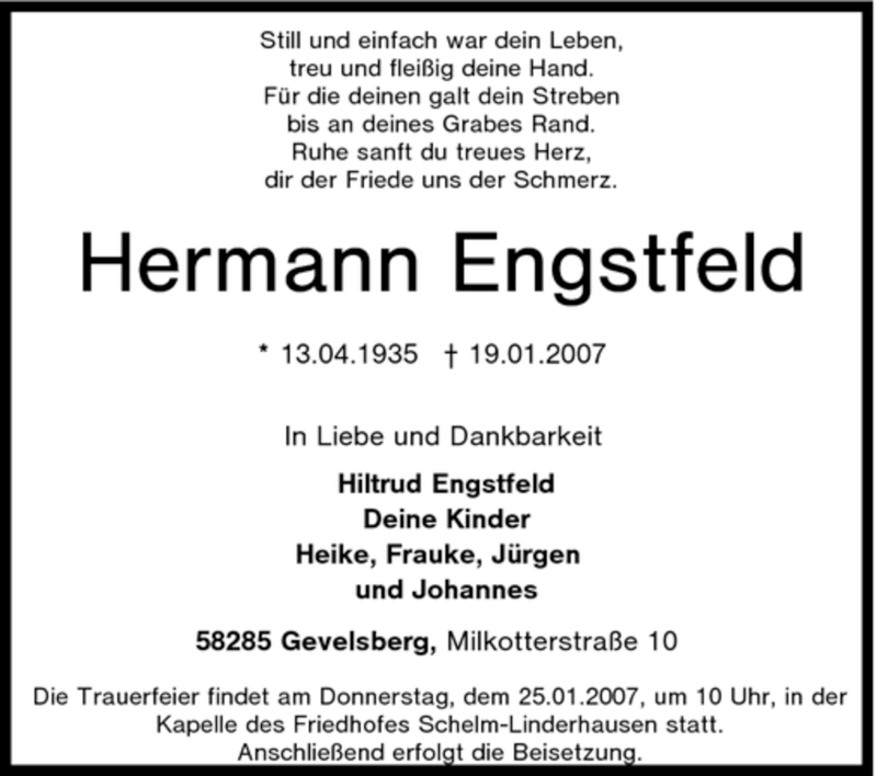  Traueranzeige für Hermann Engstfeld vom 23.01.2007 aus Tageszeitung