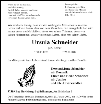 Traueranzeige von Ursula Schneider von Tageszeitung