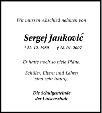 Traueranzeige von Sergej Jankovic von Tageszeitung