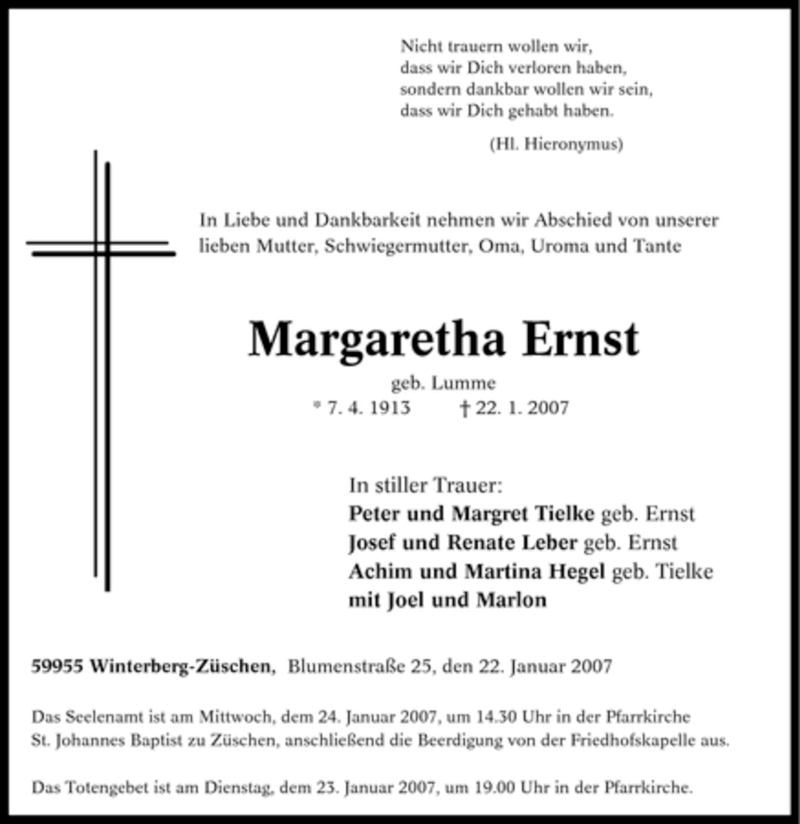  Traueranzeige für Margaretha Ernst vom 23.01.2007 aus Tageszeitung