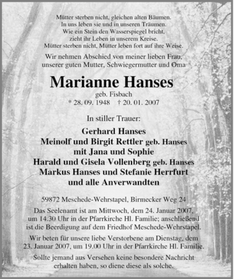  Traueranzeige für Marianne Hanses vom 23.01.2007 aus Tageszeitung
