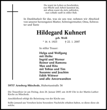 Traueranzeige von Hildegard Kuhnert von Tageszeitung