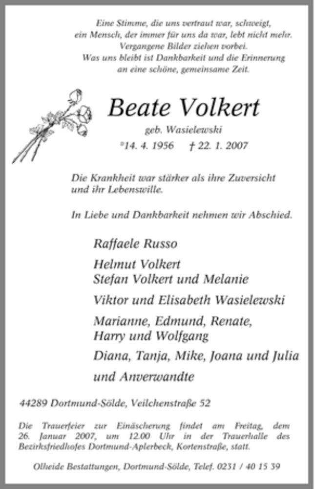  Traueranzeige für Beate Volkert vom 23.01.2007 aus Tageszeitung