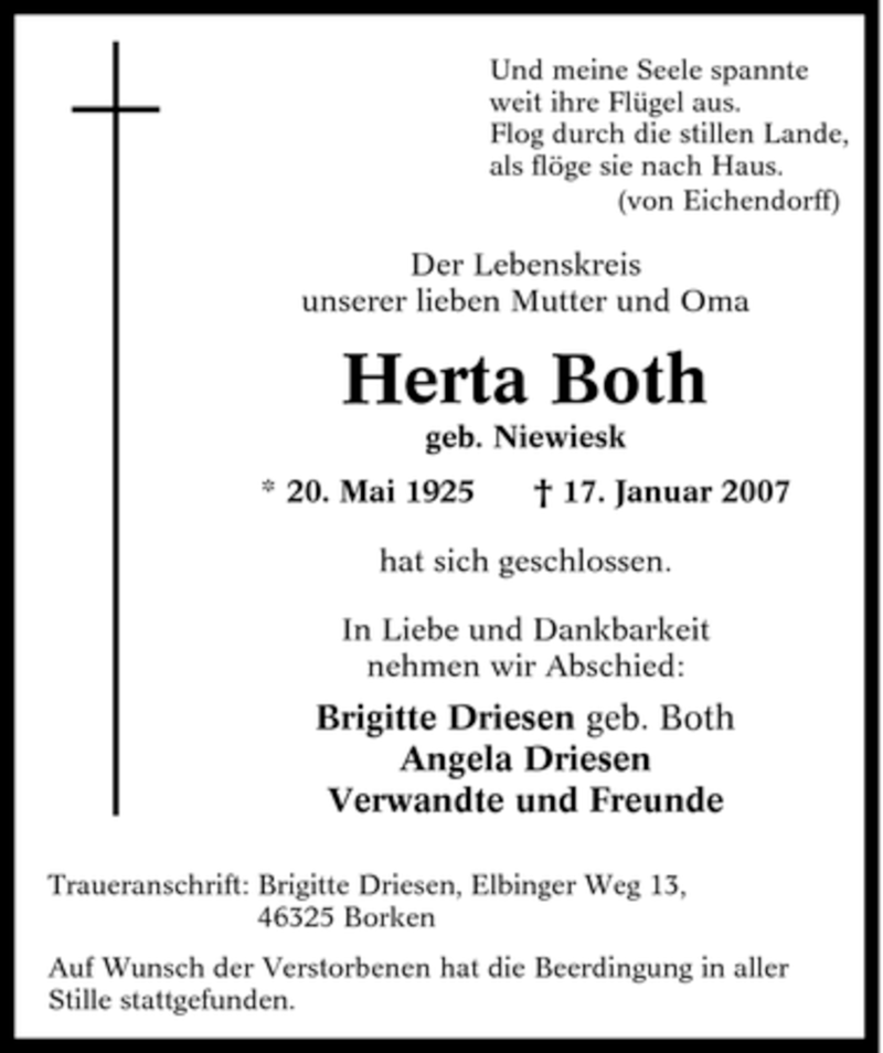  Traueranzeige für Herta Both vom 24.01.2007 aus Tageszeitung