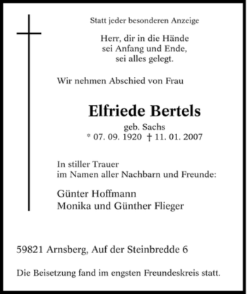 Traueranzeige von Elfriede Bertels von Tageszeitung