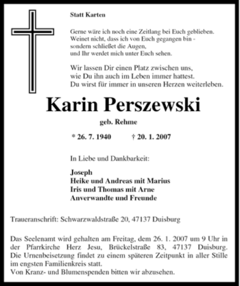 Traueranzeige von Karin Perszewski von Tageszeitung