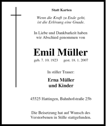 Traueranzeige von Emil Müller von Tageszeitung