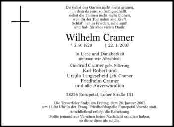 Traueranzeige von Wilhelm Cramer von Tageszeitung