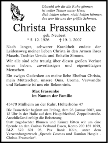 Traueranzeige von Christa Frassunke von Tageszeitung