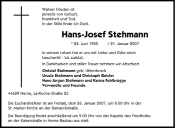 Traueranzeige von Hans-Josef Stehmann von Tageszeitung