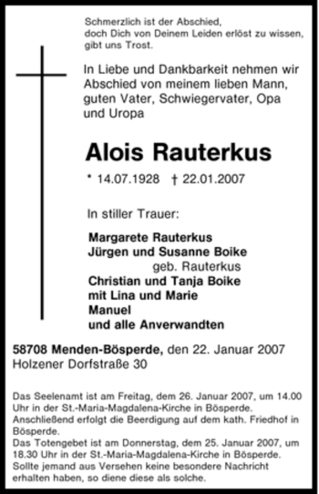 Traueranzeige von Alois Rauterkus von Tageszeitung