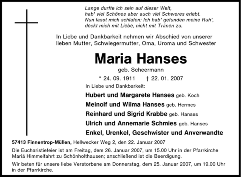  Traueranzeige für Maria Hanses vom 24.01.2007 aus Tageszeitung