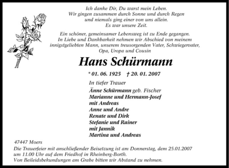  Traueranzeige für Hans Schürmann vom 24.01.2007 aus Tageszeitung