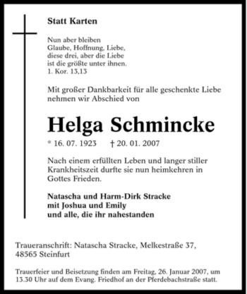 Traueranzeige von Helga Schmincke von Tageszeitung