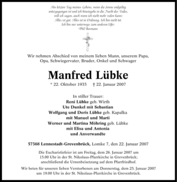 Traueranzeige von Manfred Lübke von Tageszeitung