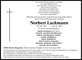 Traueranzeige von Norbert Lackmann von Tageszeitung