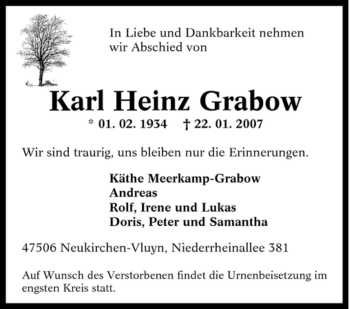 Traueranzeige von Karl Heinz Grabow von Tageszeitung