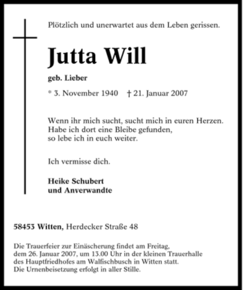 Traueranzeige von Jutta Will von Tageszeitung