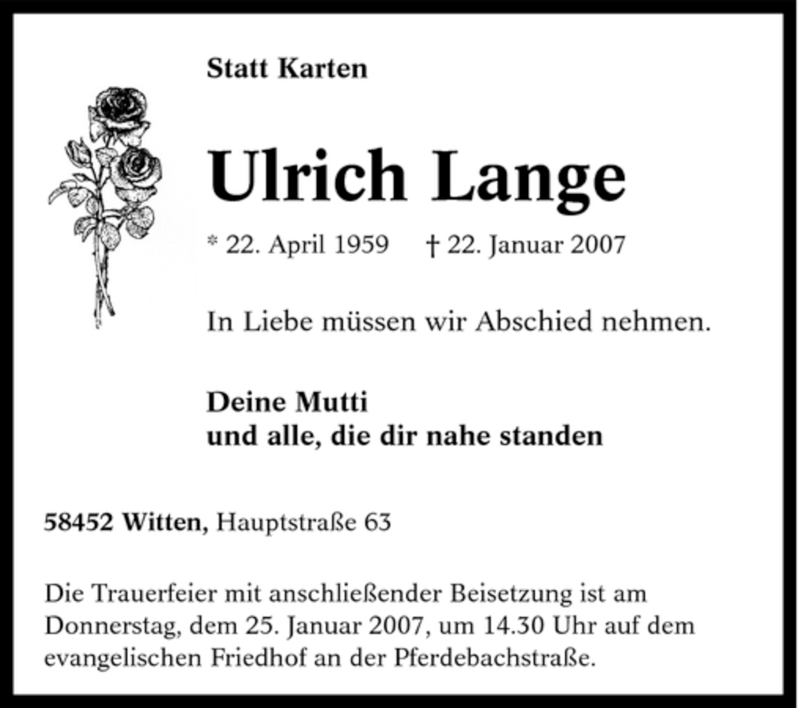  Traueranzeige für Ulrich Lange vom 24.01.2007 aus Tageszeitung
