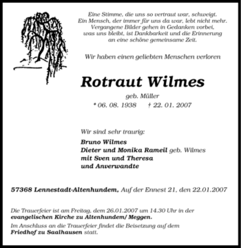 Traueranzeige von Rotraut Wilmes von Tageszeitung