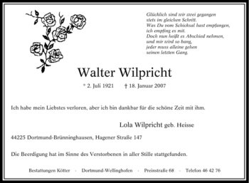Traueranzeige von Walter Wilpricht von Tageszeitung