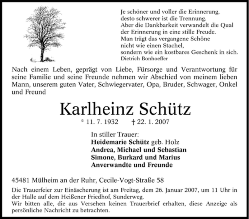  Traueranzeige für Karlheinz Schütz vom 24.01.2007 aus Tageszeitung