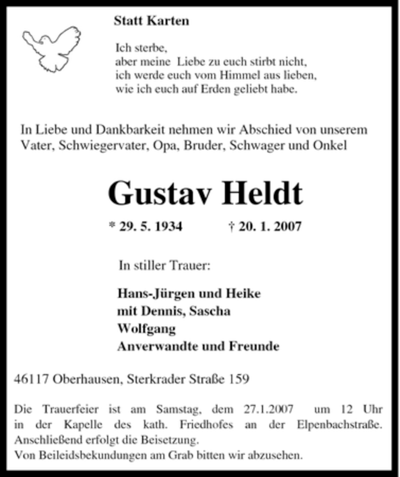  Traueranzeige für Gustav Heldt vom 24.01.2007 aus Tageszeitung