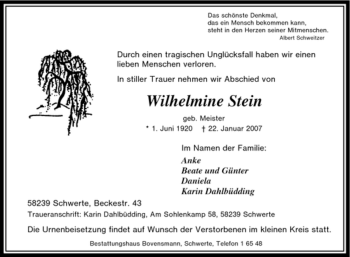Traueranzeige von Wilhelmine Stein von Tageszeitung