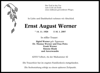 Traueranzeige von Ernst August Werner von Tageszeitung