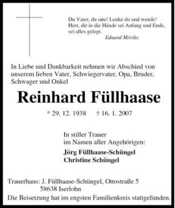Traueranzeige von Reinhard Füllhaase von Tageszeitung