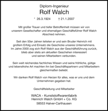 Traueranzeige von Rolf Walch von Tageszeitung