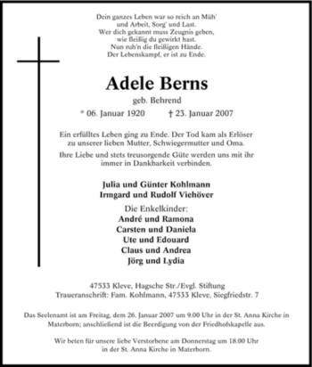 Traueranzeige von Adele Berns von Tageszeitung