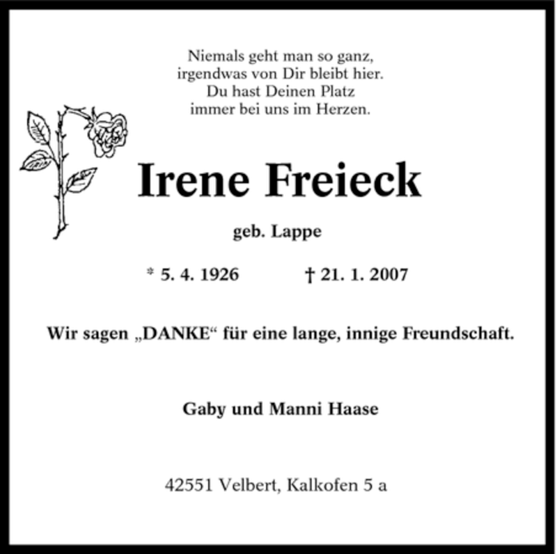  Traueranzeige für Irene Freieck vom 24.01.2007 aus Tageszeitung