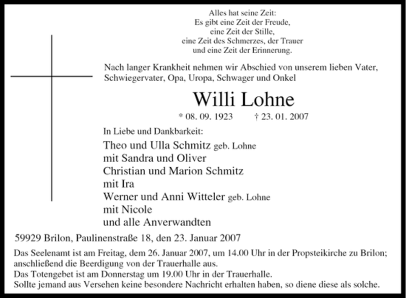  Traueranzeige für Willi Lohne vom 24.01.2007 aus Tageszeitung