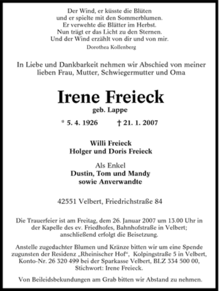  Traueranzeige für Irene Freieck vom 24.01.2007 aus Tageszeitung