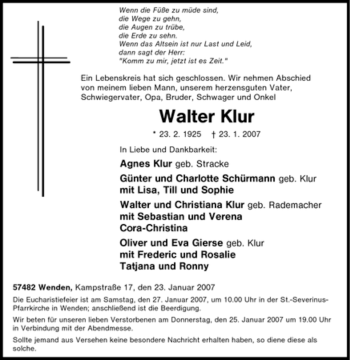 Traueranzeige von Walter Klur von Tageszeitung