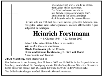 Traueranzeige von Heinrich Forstmann von Tageszeitung