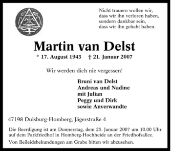 Traueranzeige von Martin van Delst von Tageszeitung