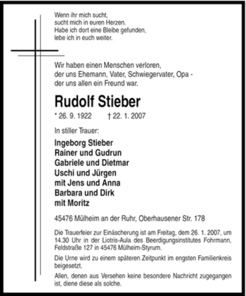Traueranzeige von Rudolf Stieber von Tageszeitung