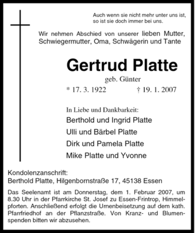  Traueranzeige für Gertrud Platte vom 25.01.2007 aus Tageszeitung