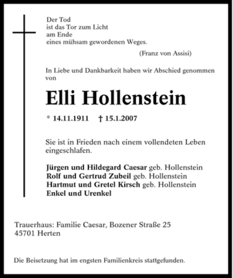  Traueranzeige für Elli Hollenstein vom 25.01.2007 aus Tageszeitung