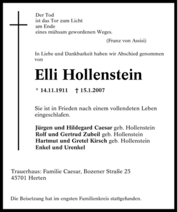 Traueranzeige von Elli Hollenstein von Tageszeitung